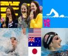 Κολύμβηση γυναικών 100 μέτρο αναπήδηση πόντιουμ, Missy Franklin (Ηνωμένες Πολιτείες), Emily Seebohm (Αυστραλία) και Aya Terakawa (Ιαπωνία) - London 2012-